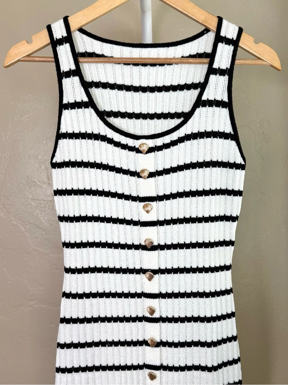 Commense Black Off White Striped Knit Midi Dress Small NWT Gold Button Front